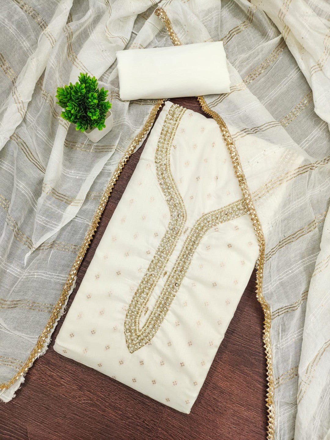 Off White Chanderi Thread Work Embroidered Dress Material for Festive Wear - Image 5