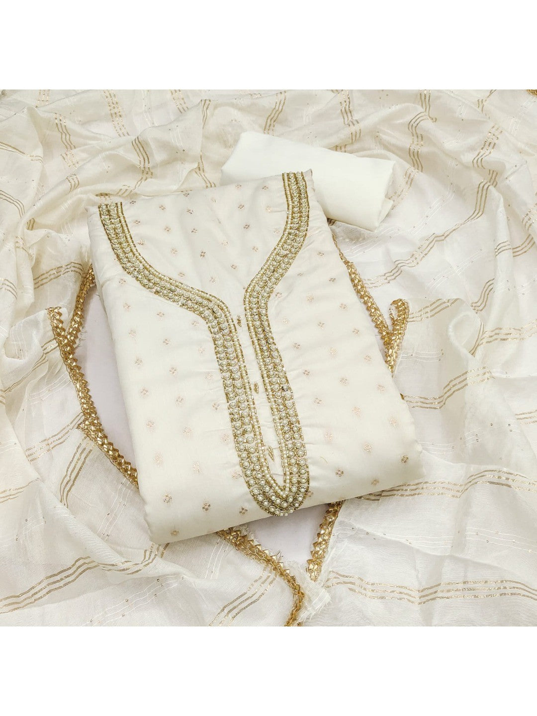 Off White Chanderi Thread Work Embroidered Dress Material for Festive Wear - Image 1