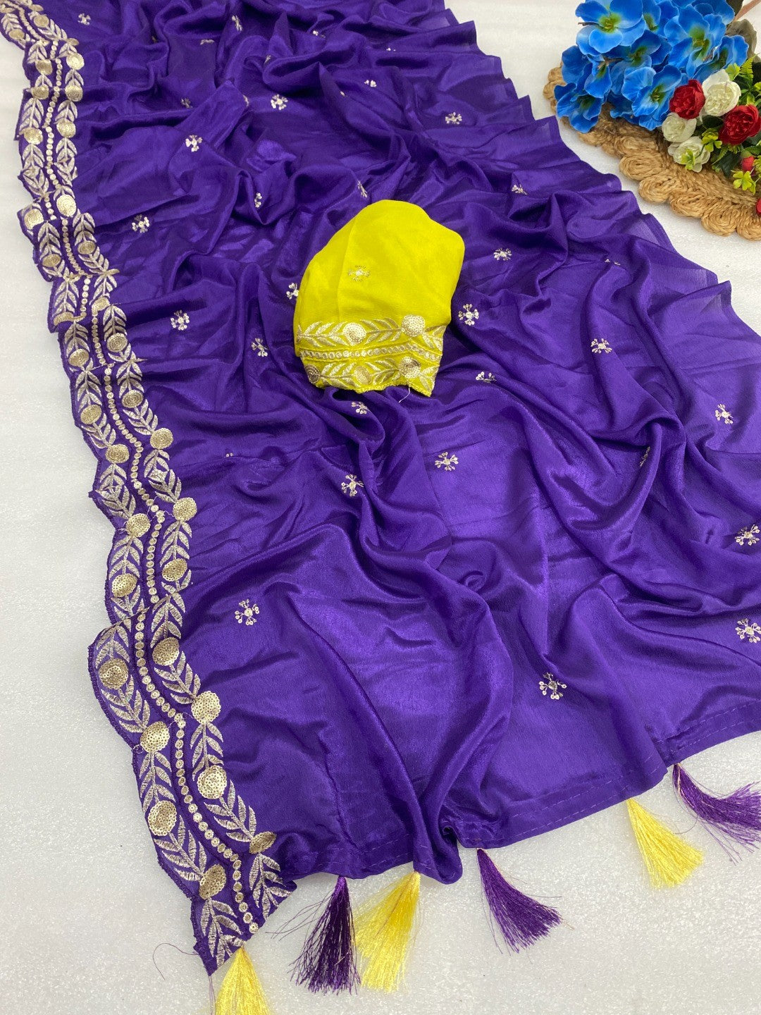 Charming Purple Georgette Saree Enhanced With Intricate Floral Sequins Embroidery - Image 1