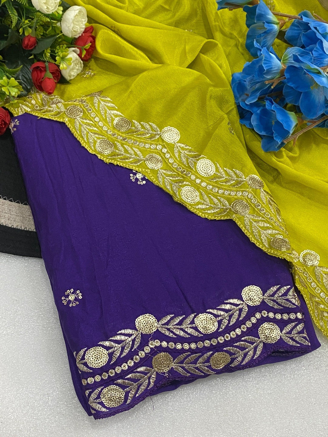 Charming Purple Georgette Saree Enhanced With Intricate Floral Sequins Embroidery - Image 3