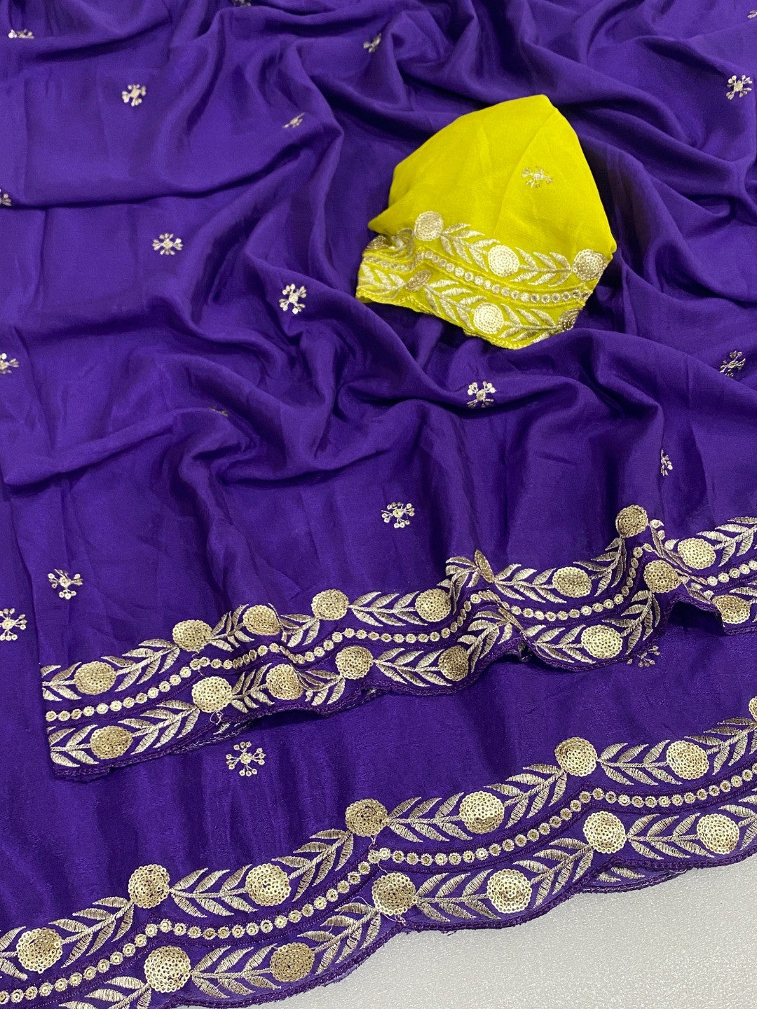 Charming Purple Georgette Saree Enhanced With Intricate Floral Sequins Embroidery - Image 3