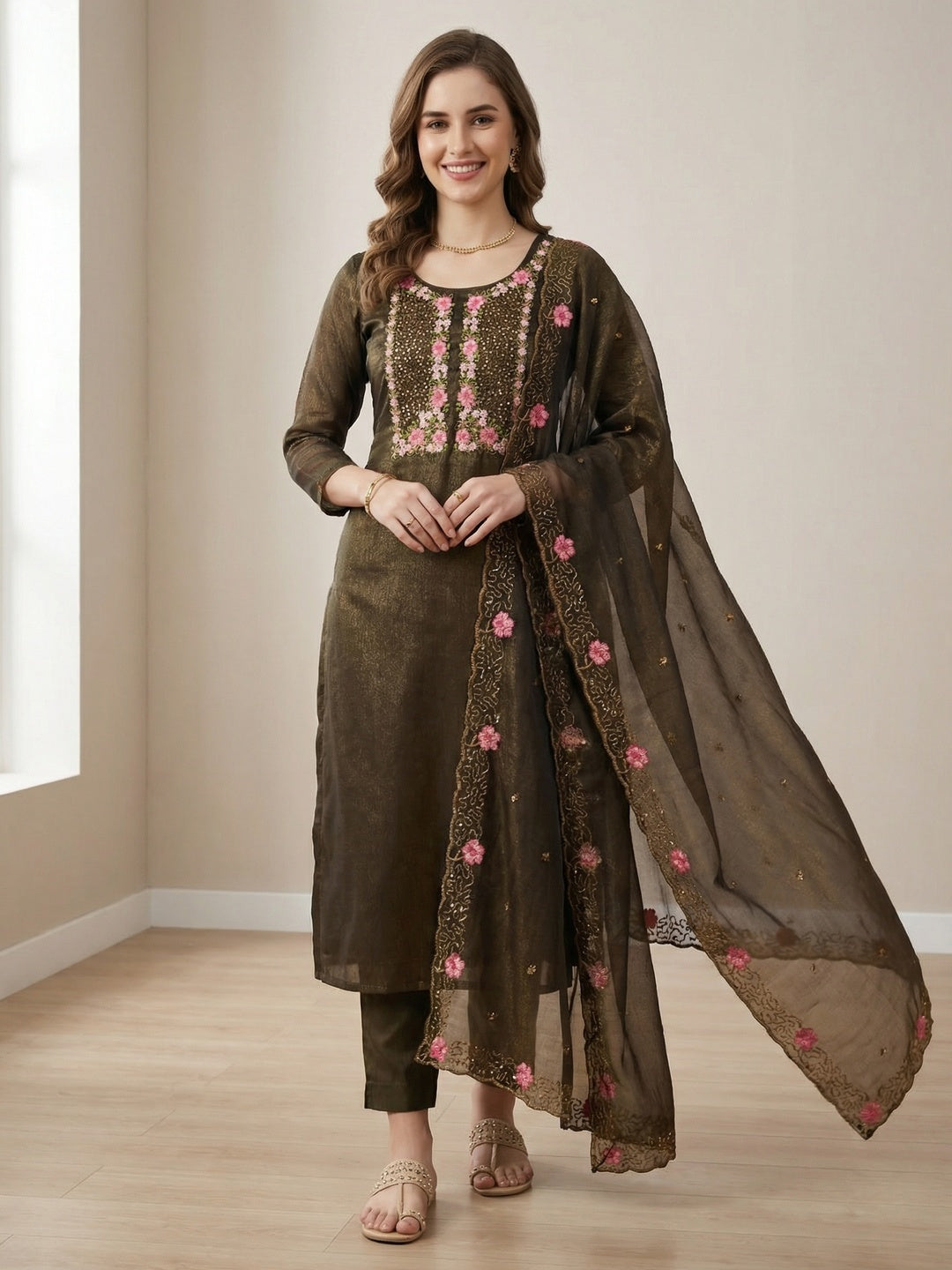 Deep Olive Shimmer Dress Material with Floral Embroidery and Dupatta - Image 1
