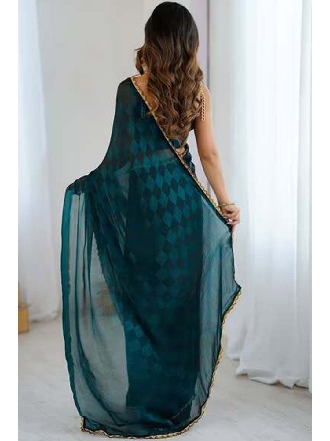Teal Printed Satin Partywear Saree Enhanced with Elegant Lace Border - Image 5