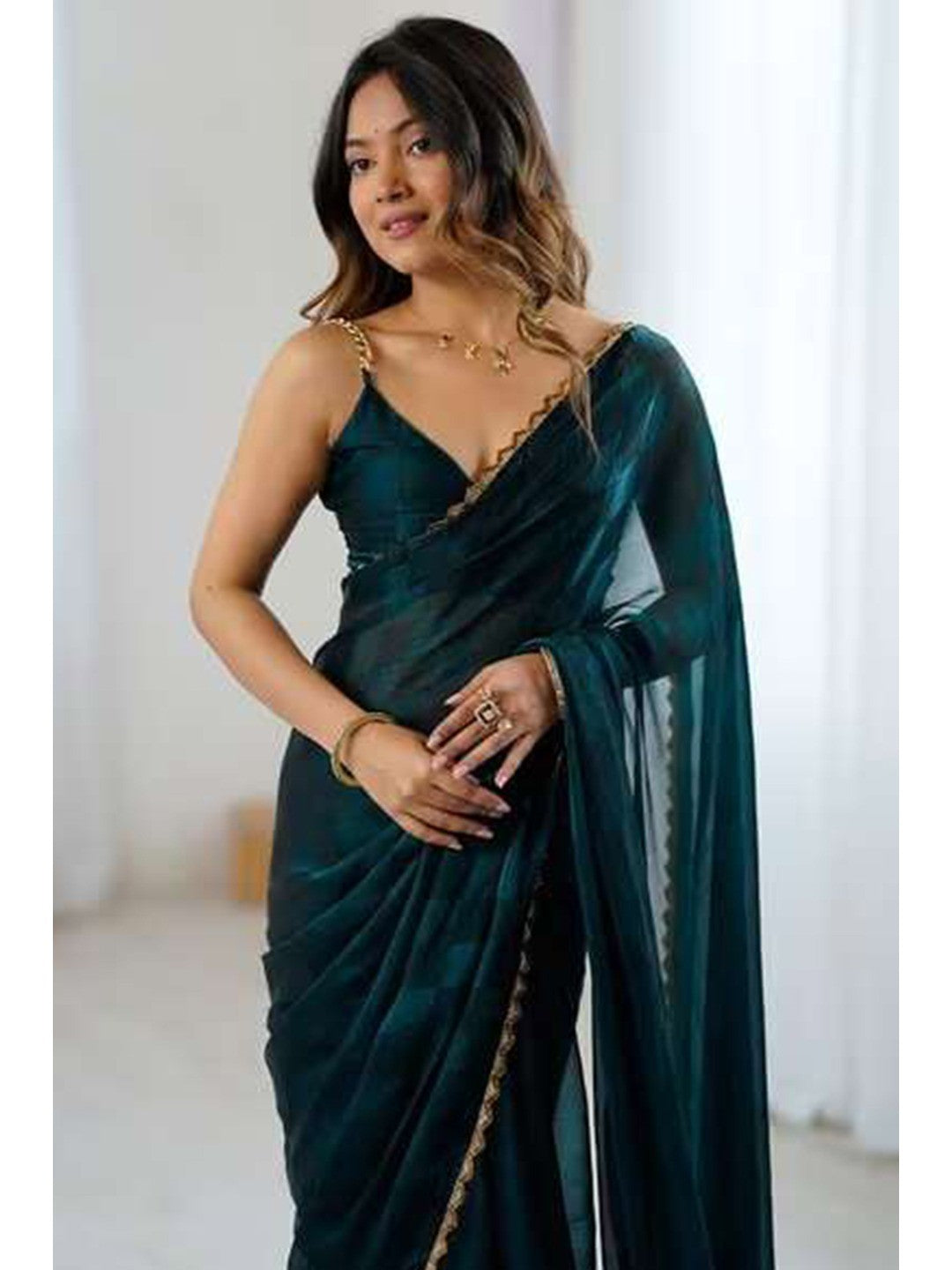 Teal Printed Satin Partywear Saree Enhanced with Elegant Lace Border - Image 4