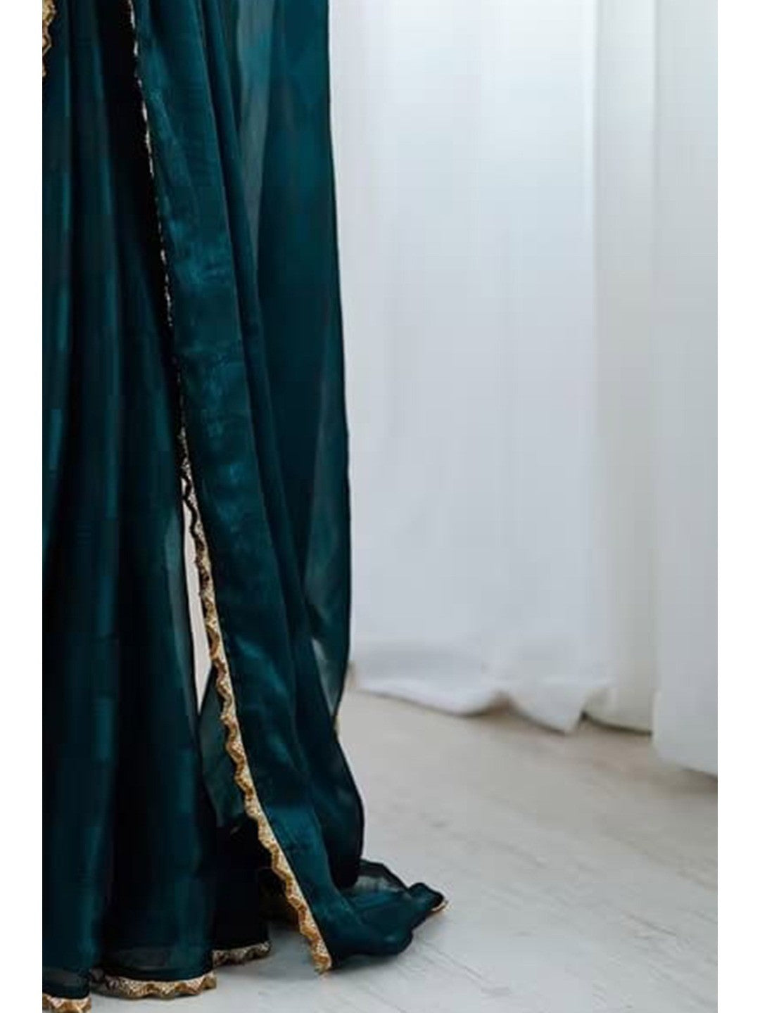 Teal Printed Satin Partywear Saree Enhanced with Elegant Lace Border - Image 2