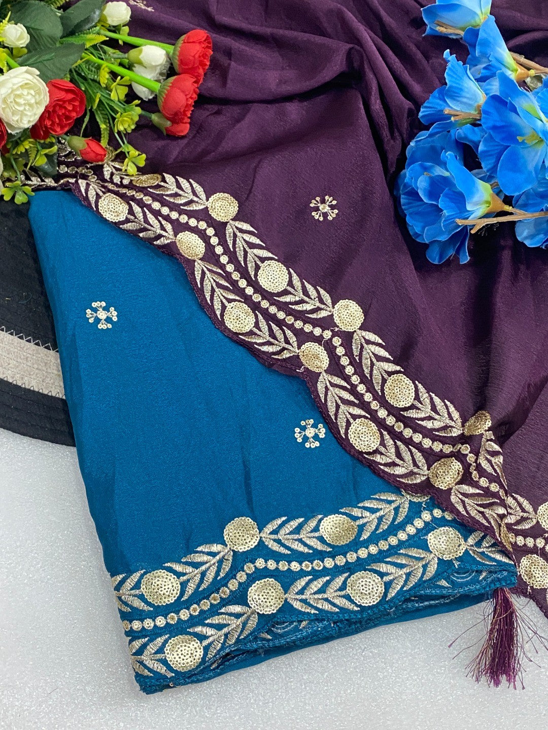 Charming Wine Georgette Saree Enhanced With Intricate Floral Sequins Embroidery - Image 3