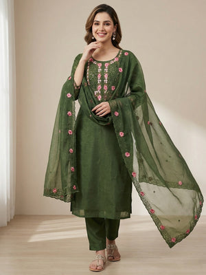 Green Shimmer Dress Material with Floral Embroidery and Dupatta - Image 2