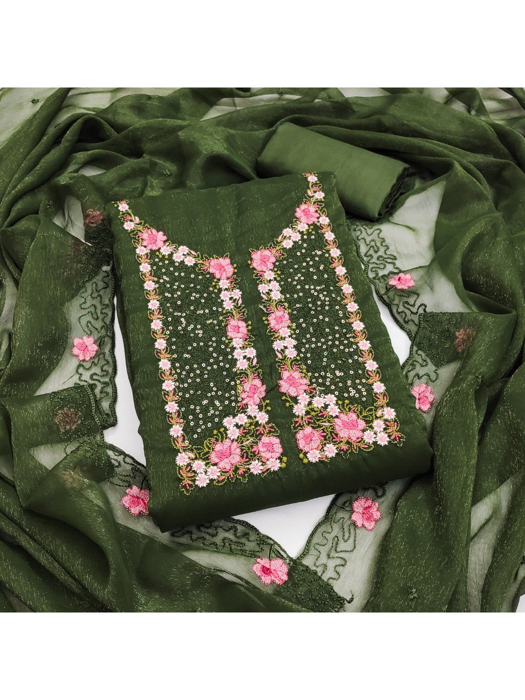 Green Shimmer Dress Material with Floral Embroidery and Dupatta - Image 1