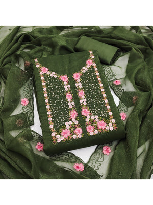 Green Shimmer Dress Material with Floral Embroidery and Dupatta - Image 1