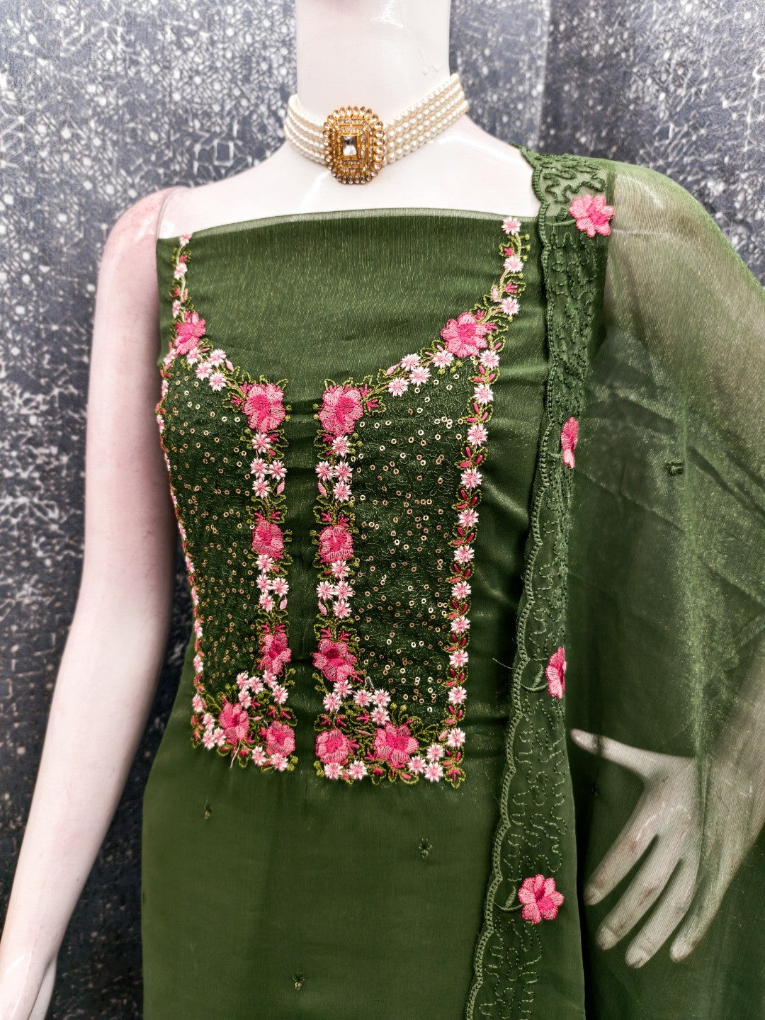 Green Shimmer Dress Material with Floral Embroidery and Dupatta - Image 3