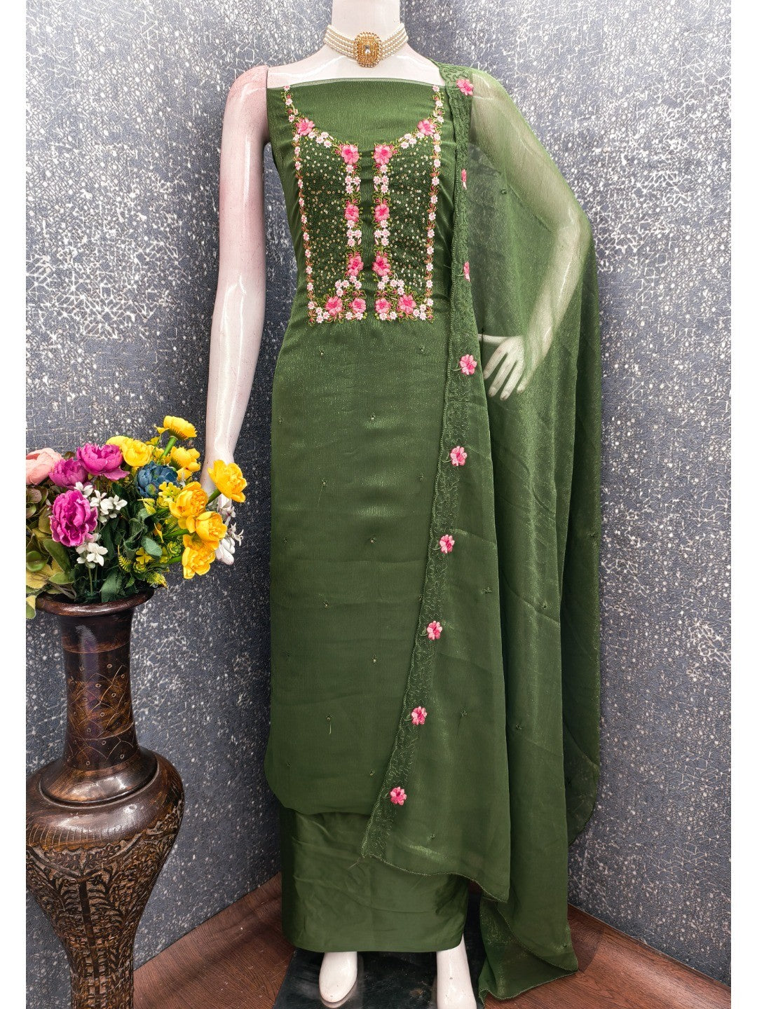 Green Shimmer Dress Material with Floral Embroidery and Dupatta - Image 4