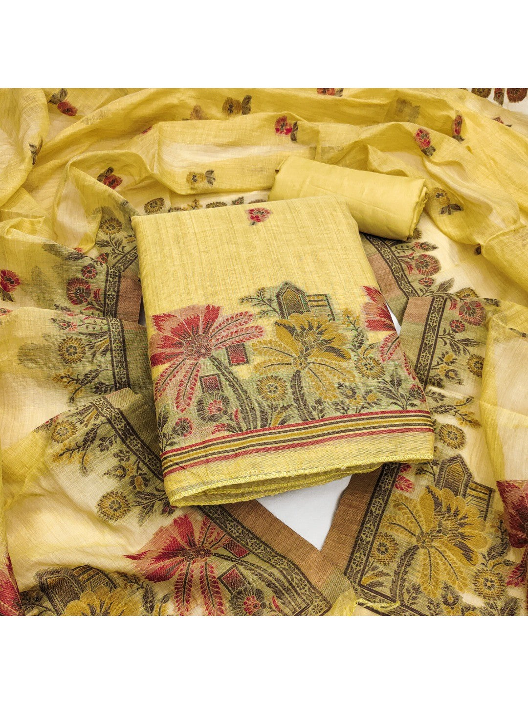 Elegant Yellow Chanderi Silk Jamdani Unstitched Dress Material - Image 1