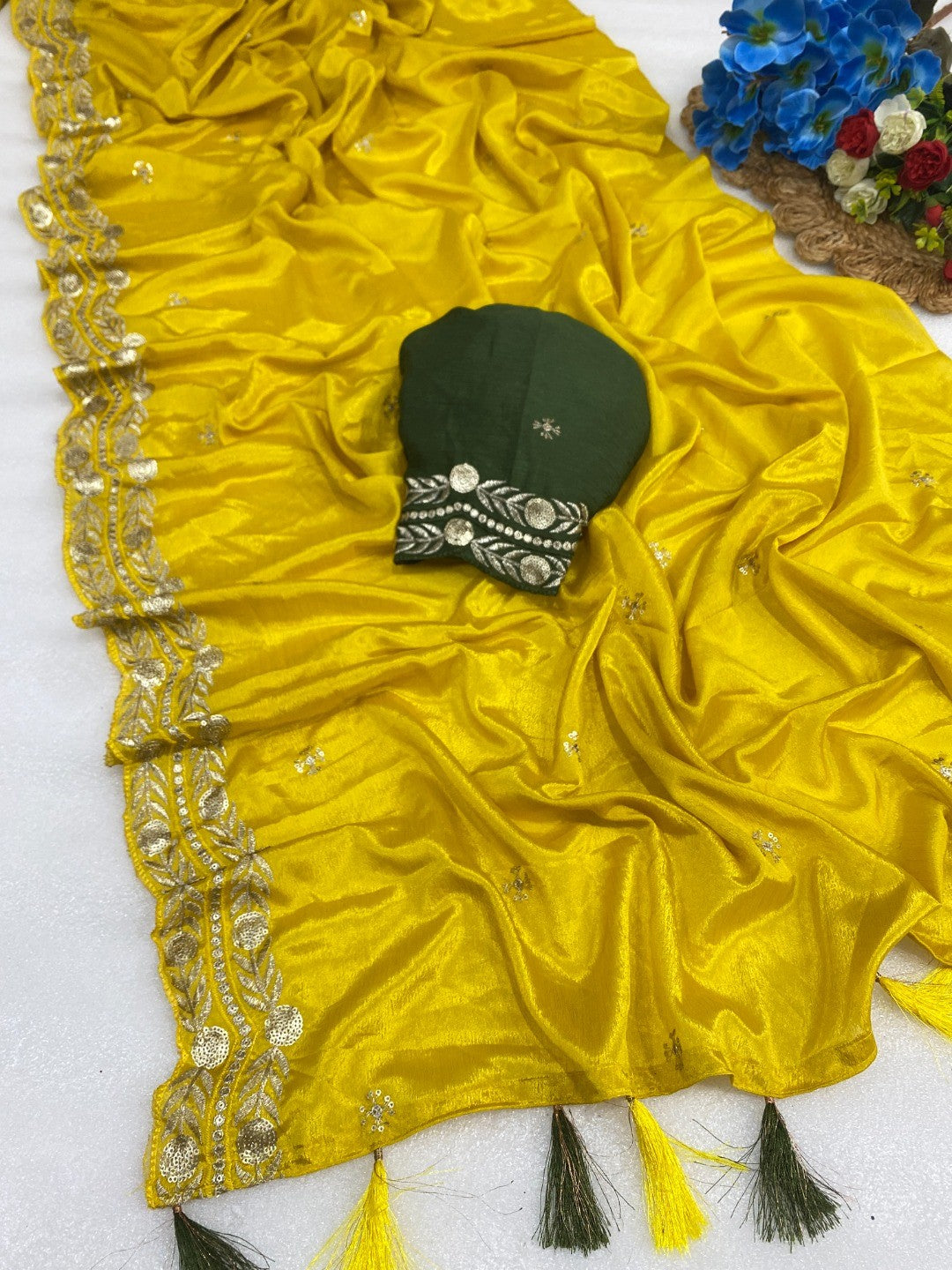Charming Yellow Georgette Saree Enhanced With Intricate Floral Sequins Embroidery - Image 1