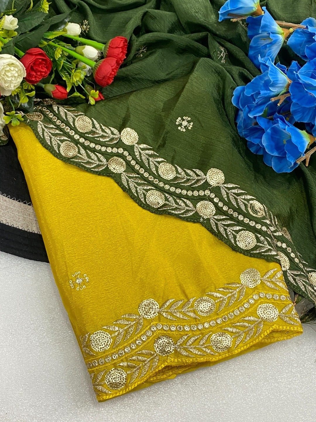 Charming Yellow Georgette Saree Enhanced With Intricate Floral Sequins Embroidery - Image 2