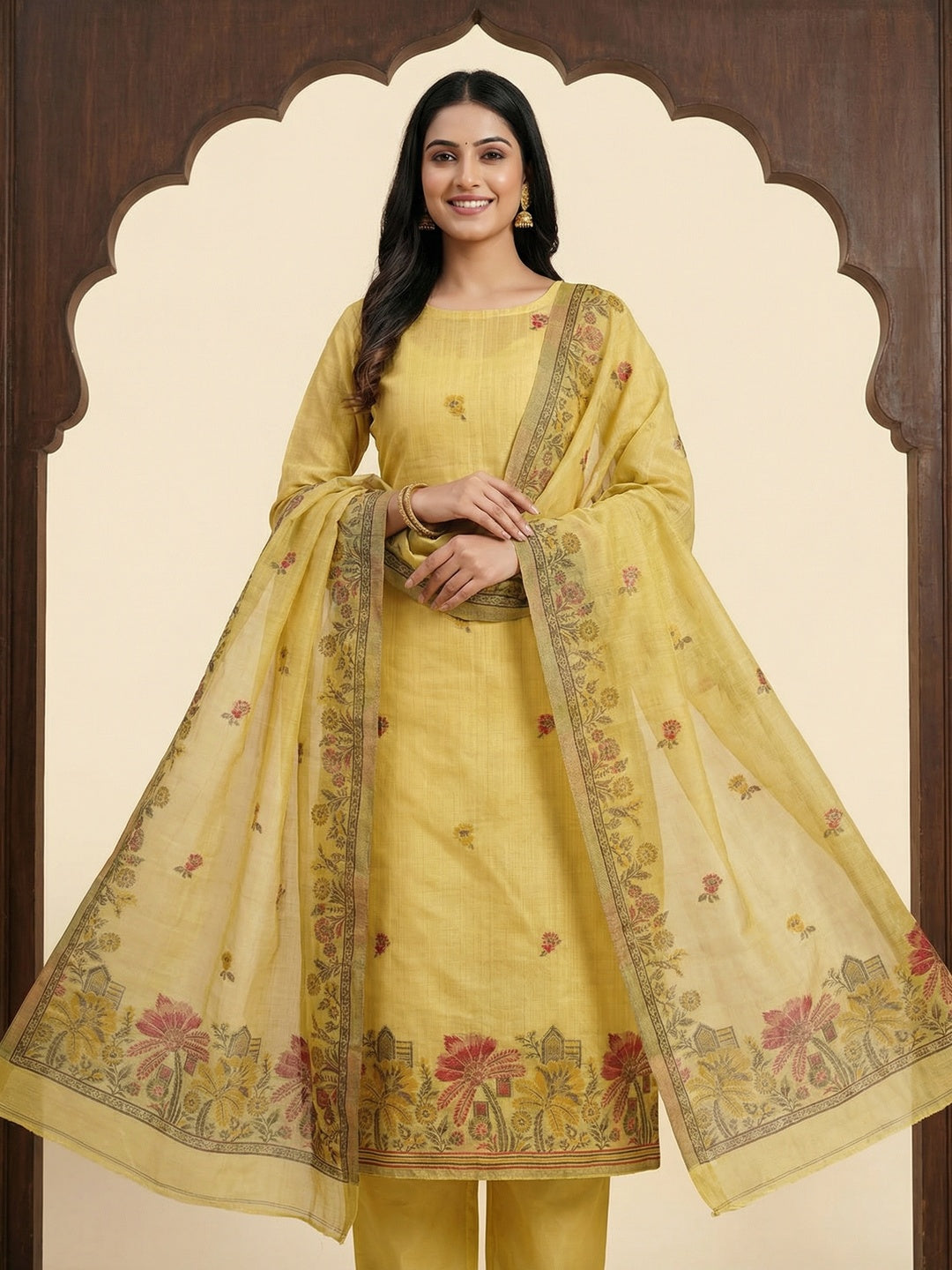 Elegant Yellow Chanderi Silk Jamdani Unstitched Dress Material - Image 2