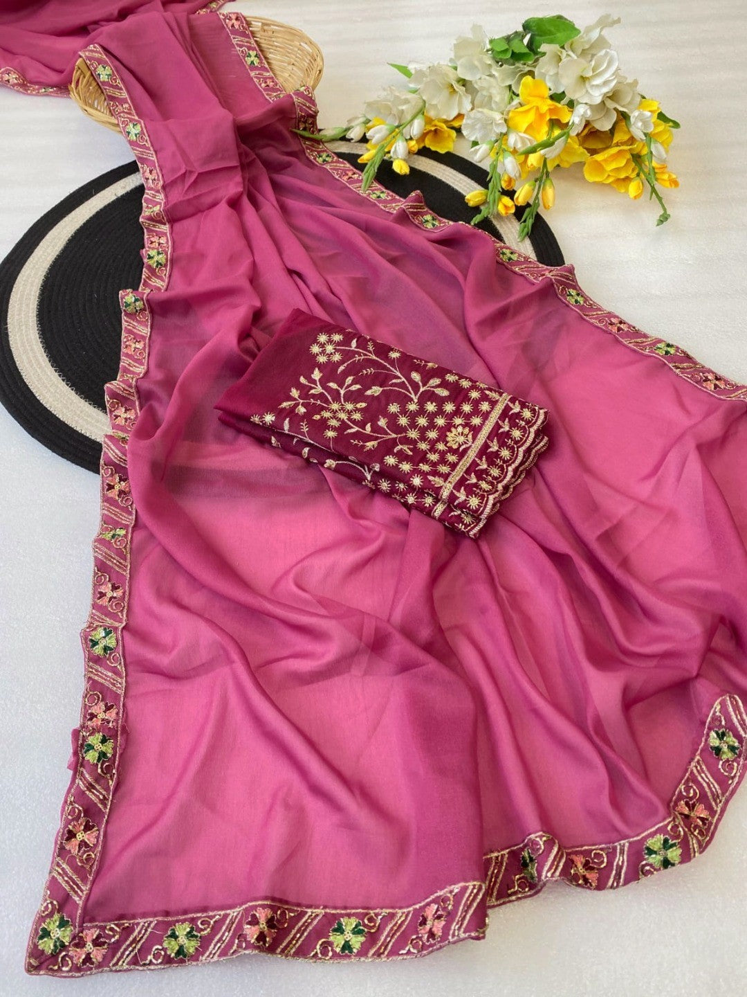Timeless Pink Solid Georgette Saree Finished With Graceful Floral Hand Embroidered Lace Border - Image 2