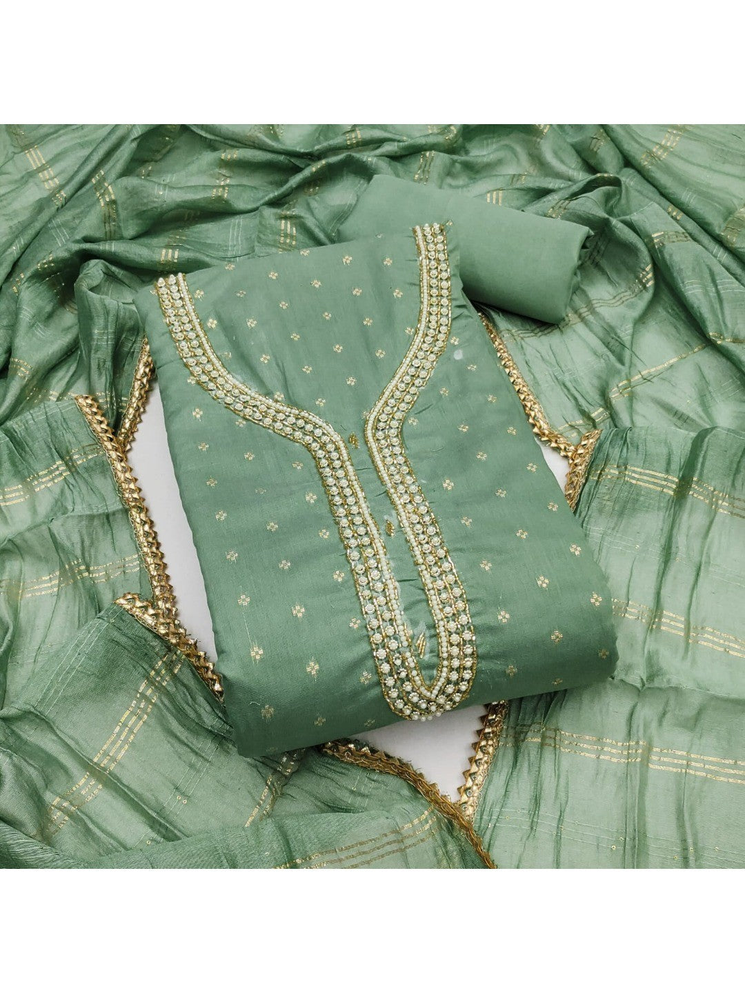 Sage Green Chanderi Thread Work Embroidered Dress Material for Festive Wear - Image 1