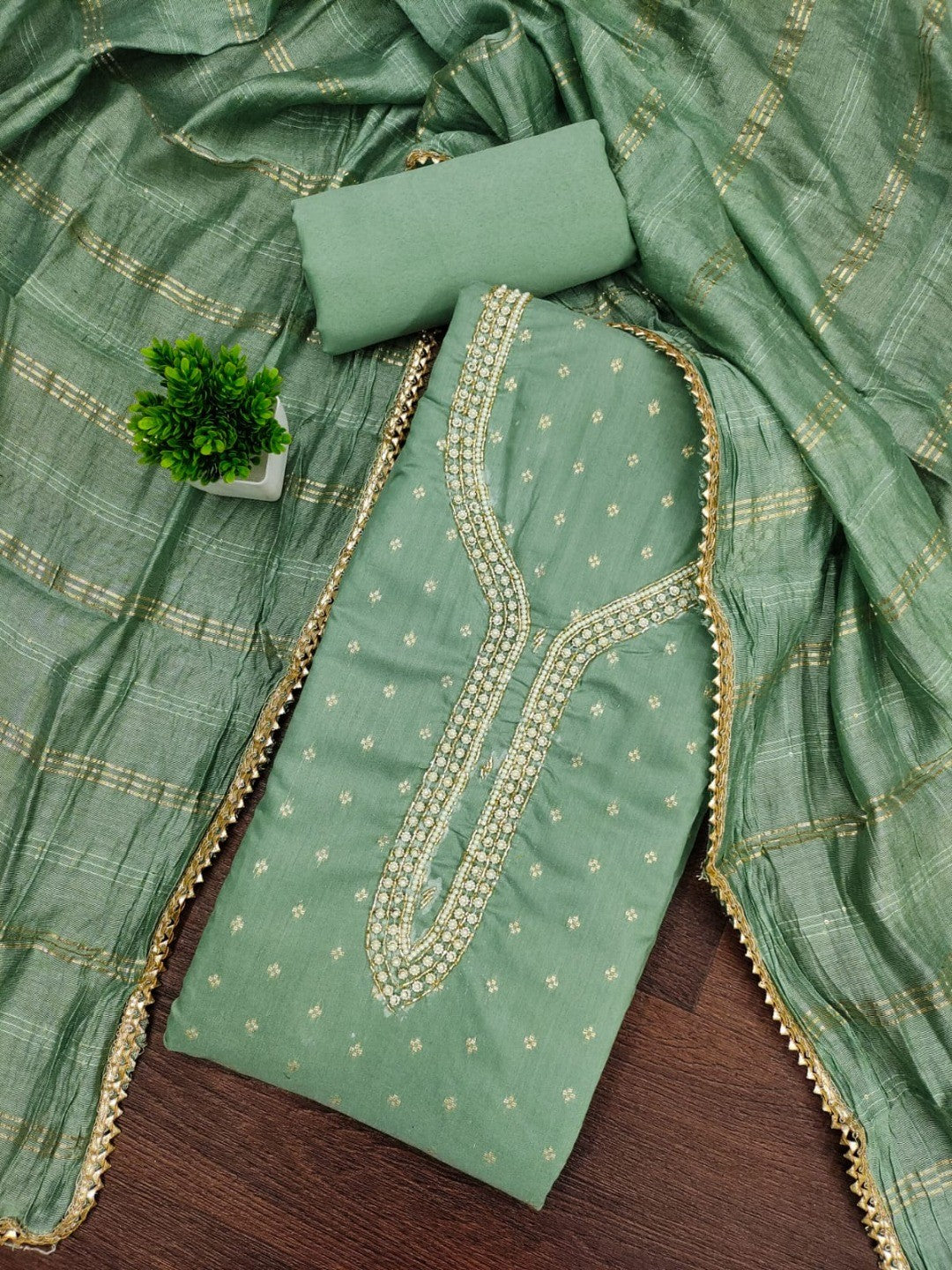 Sage Green Chanderi Thread Work Embroidered Dress Material for Festive Wear - Image 5
