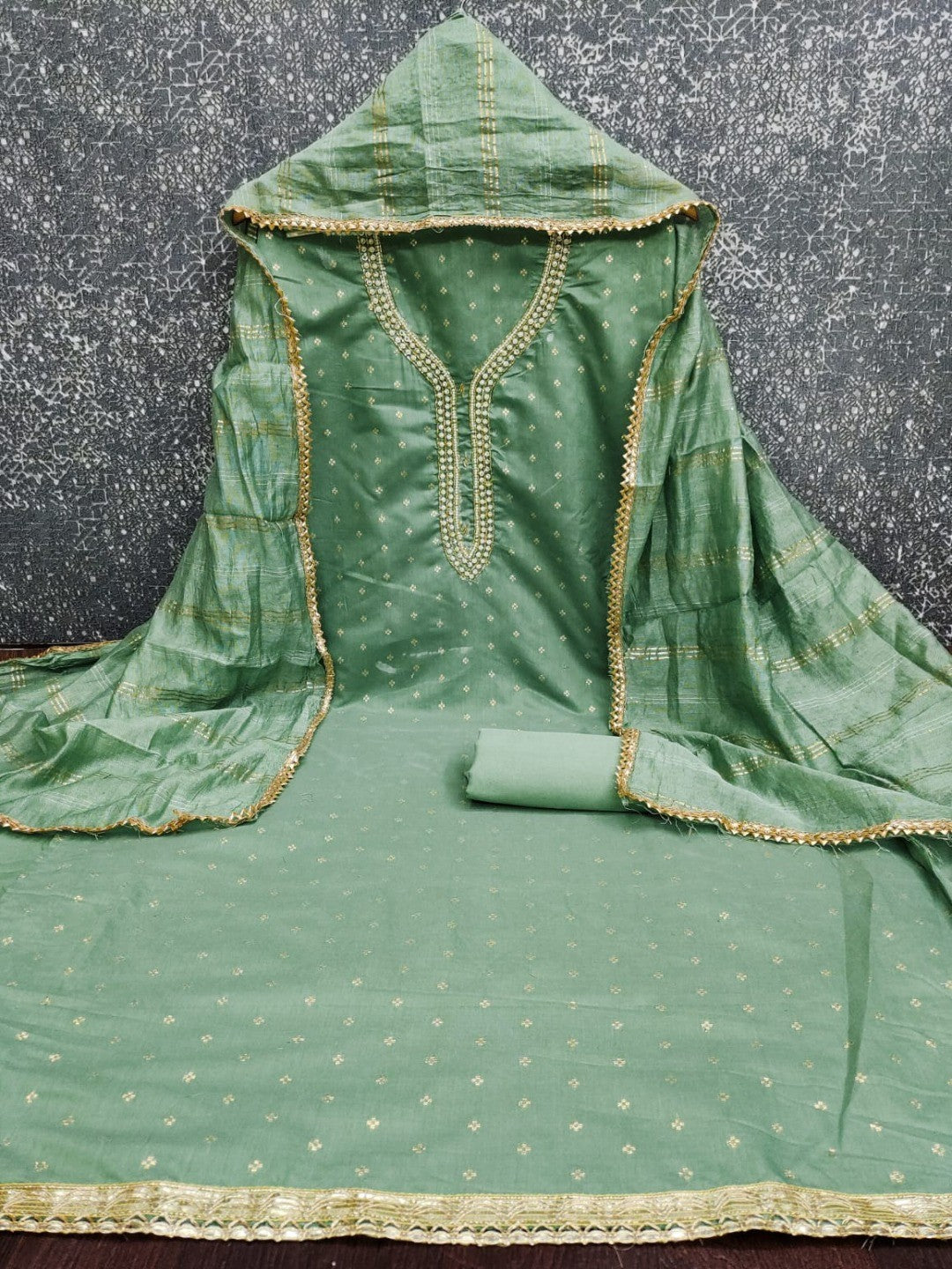 Sage Green Chanderi Thread Work Embroidered Dress Material for Festive Wear - Image 3
