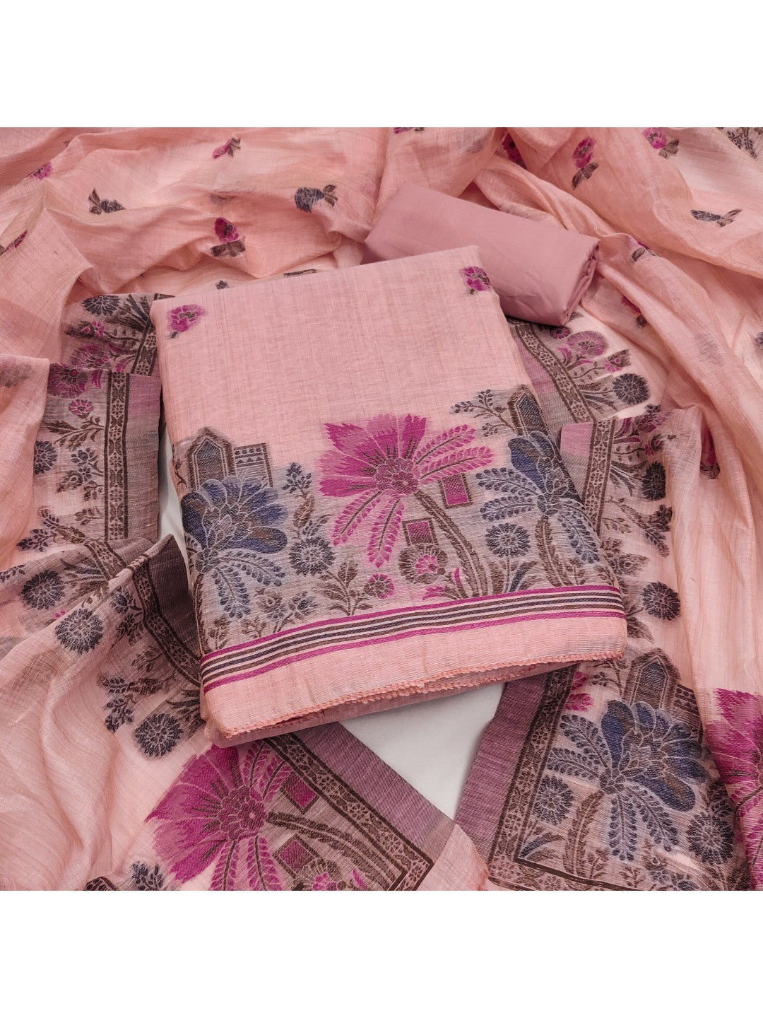 Elegant Peach Chanderi Silk Jamdani Unstitched Dress Material - Image 1