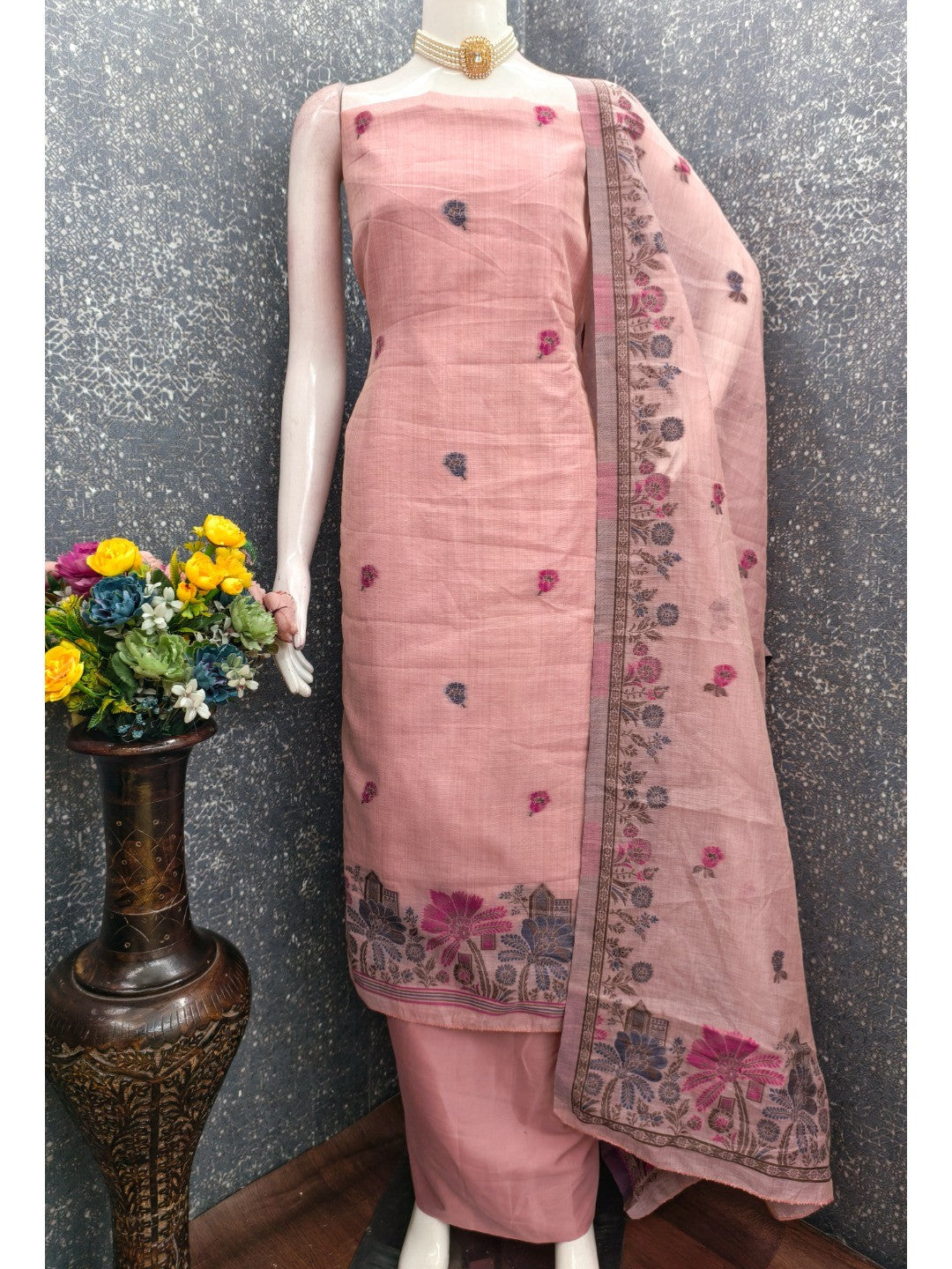 Elegant Peach Chanderi Silk Jamdani Unstitched Dress Material - Image 3