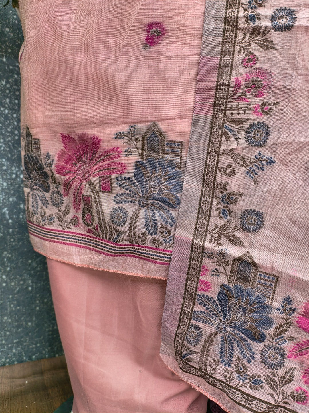 Elegant Peach Chanderi Silk Jamdani Unstitched Dress Material - Image 4