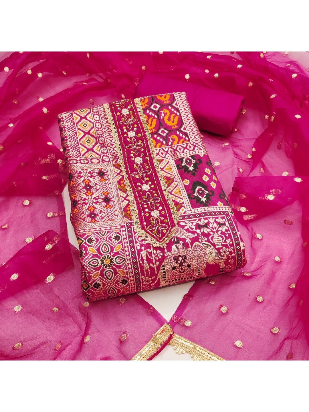 Luxurious Pink Weaving Viscose Banarasi Dress Material Highlighted With Beads & Moti Handwork - Image 3