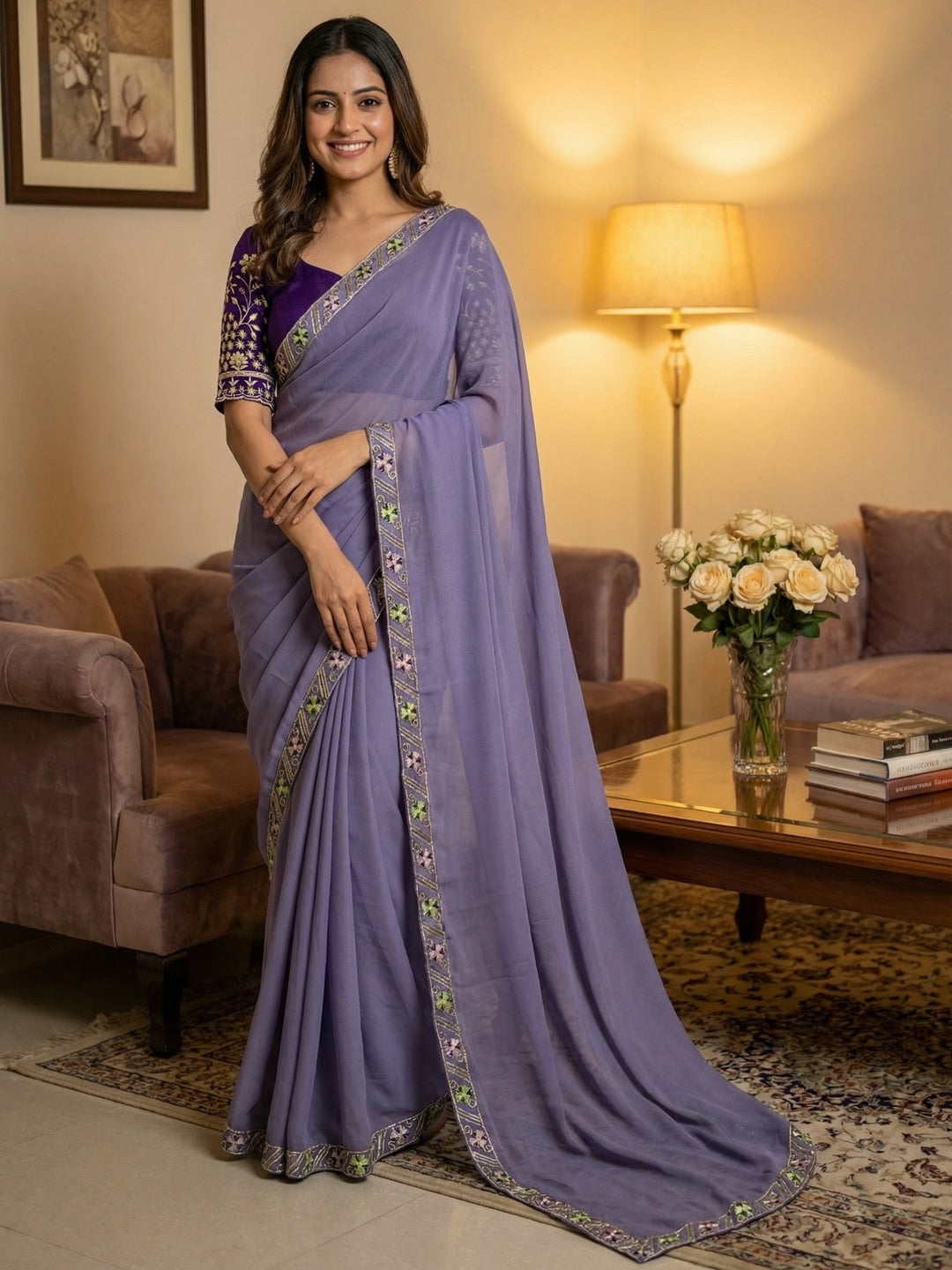 Timeless Lavender Solid Georgette Saree Finished With Graceful Floral Hand Embroidered Lace Border - Image 1