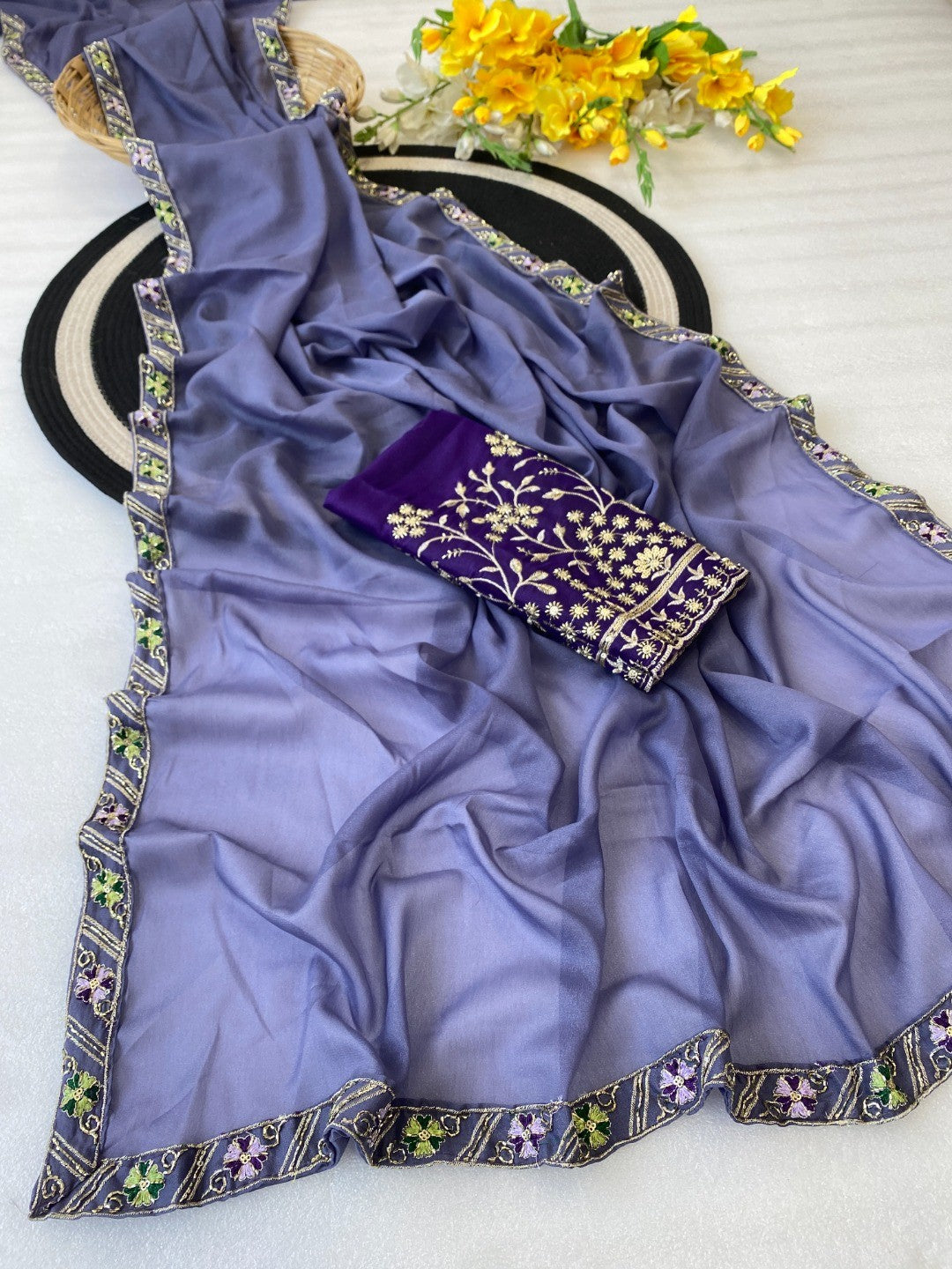 Timeless Lavender Solid Georgette Saree Finished With Graceful Floral Hand Embroidered Lace Border - Image 3