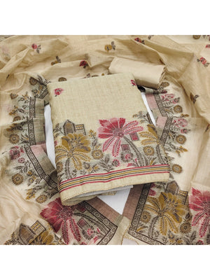 Elegant Beige Chanderi Silk Jamdani Unstitched Dress Material - Image 1