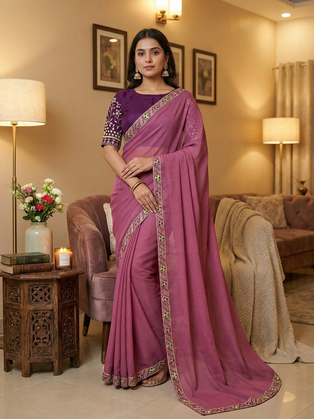 Timeless Onion Pink Solid Georgette Saree Finished With Graceful Floral Hand Embroidered Lace Border - Image 1