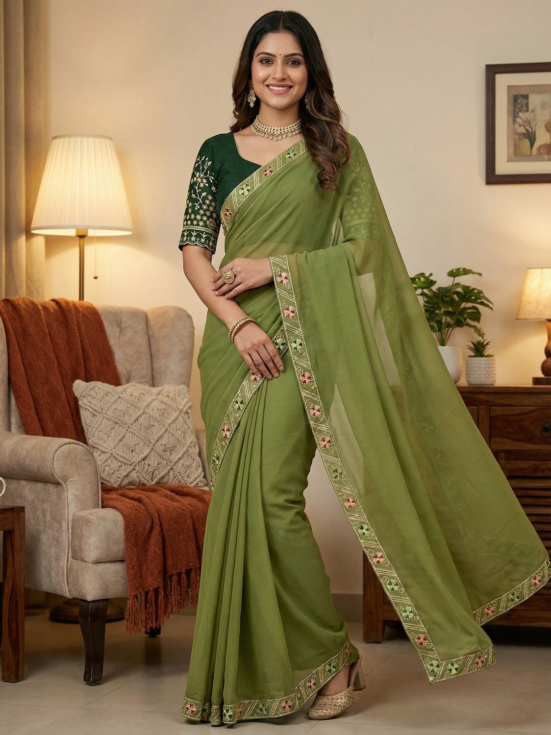 Timeless Green Solid Georgette Saree Finished With Graceful Floral Hand Embroidered Lace Border - Image 1