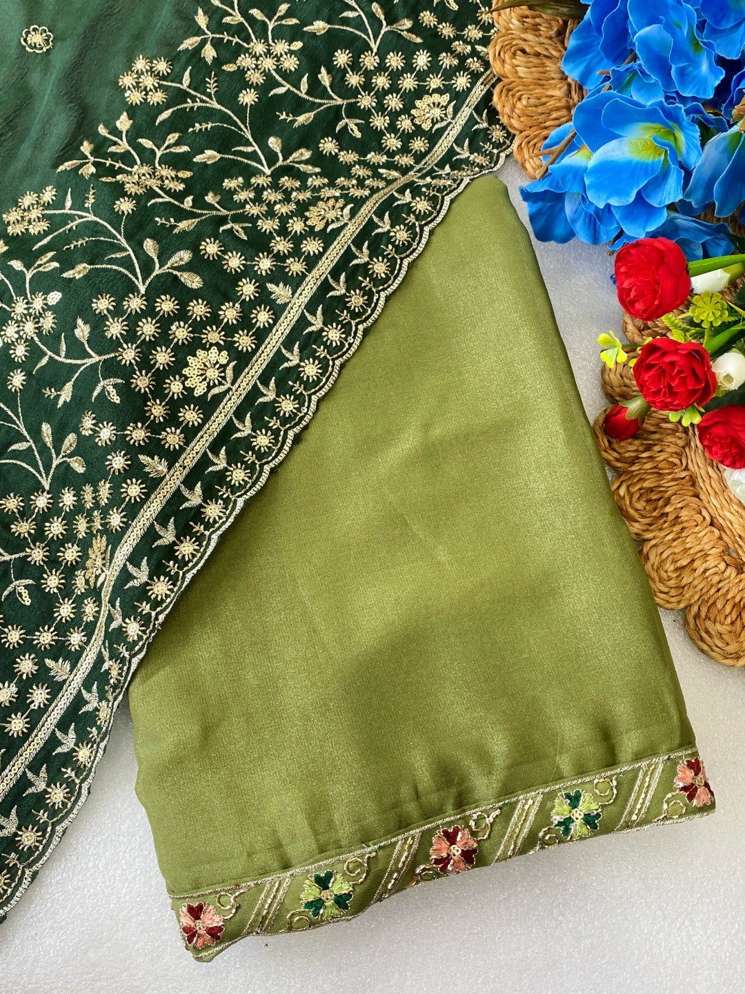 Timeless Green Solid Georgette Saree Finished With Graceful Floral Hand Embroidered Lace Border - Image 4