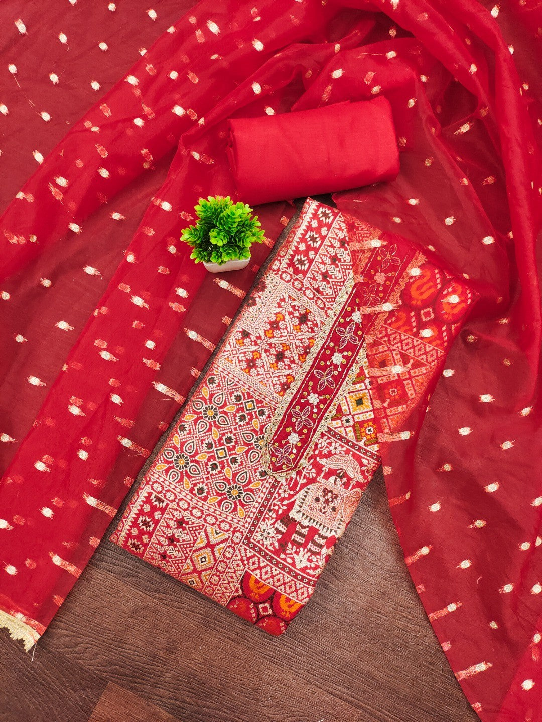 Luxurious Red Weaving Viscose Banarasi Dress Material Highlighted With Beads & Moti Handwork - Image 4