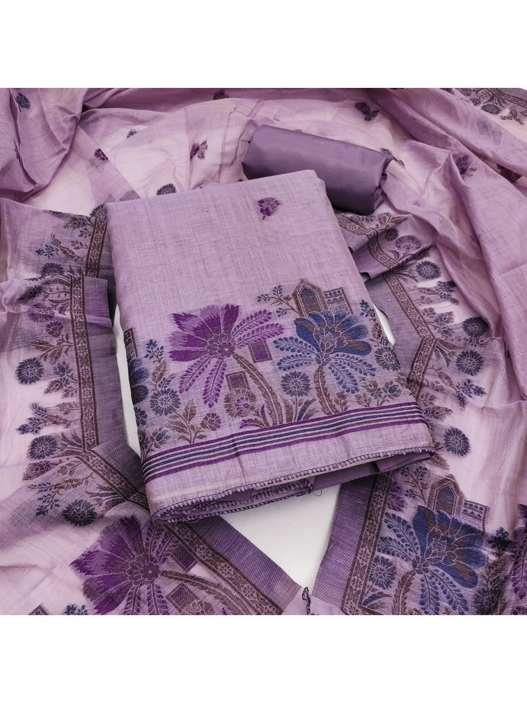 Elegant Purple Chanderi Silk Jamdani Unstitched Dress Material - Image 1