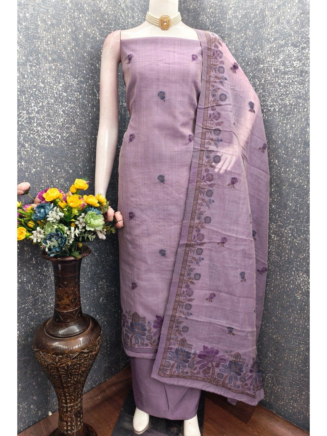Elegant Purple Chanderi Silk Jamdani Unstitched Dress Material - Image 3