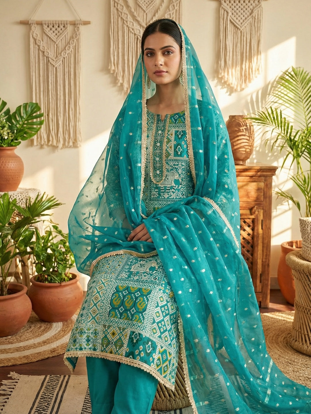 Luxurious Rama Blue Weaving Viscose Banarasi Dress Material Highlighted With Beads & Moti Handwork - Image 1
