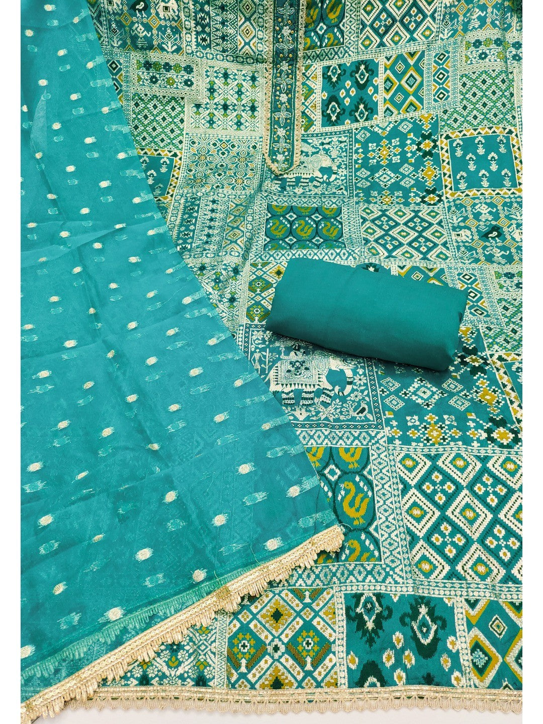 Luxurious Rama Blue Weaving Viscose Banarasi Dress Material Highlighted With Beads & Moti Handwork - Image 4