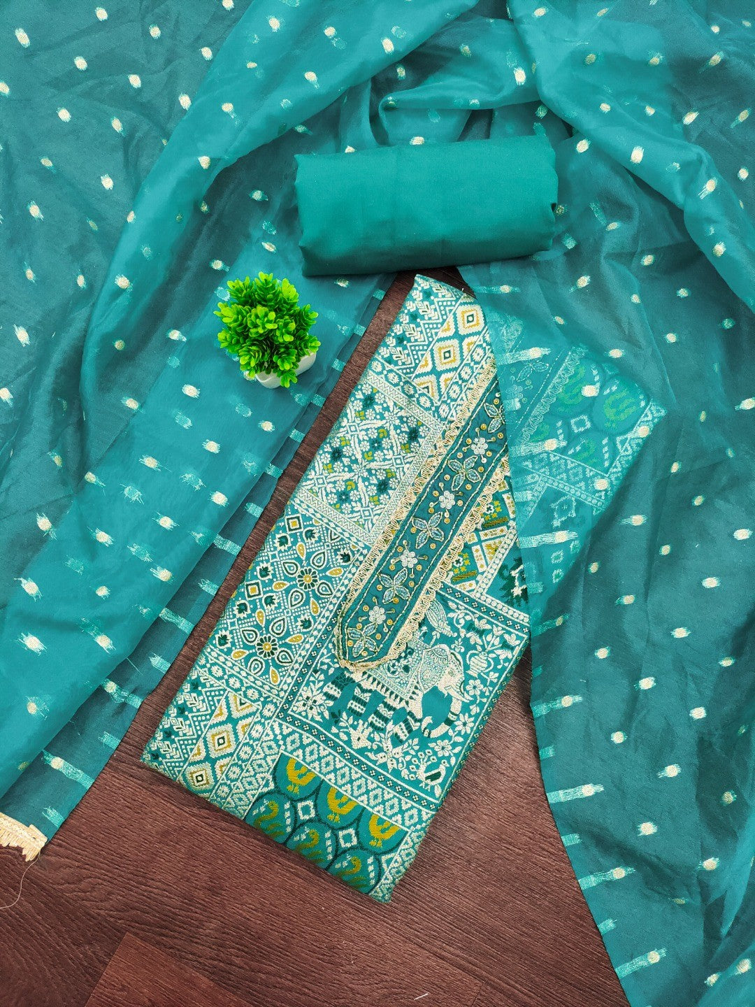 Luxurious Rama Blue Weaving Viscose Banarasi Dress Material Highlighted With Beads & Moti Handwork - Image 1