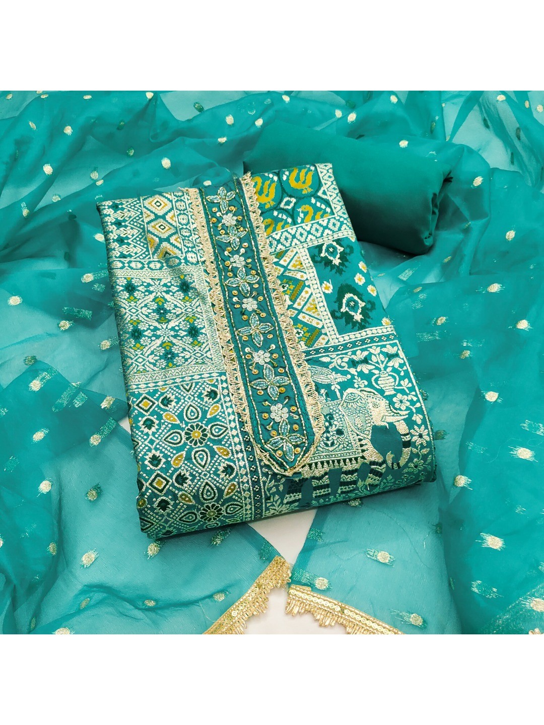 Luxurious Rama Blue Weaving Viscose Banarasi Dress Material Highlighted With Beads & Moti Handwork - Image 4