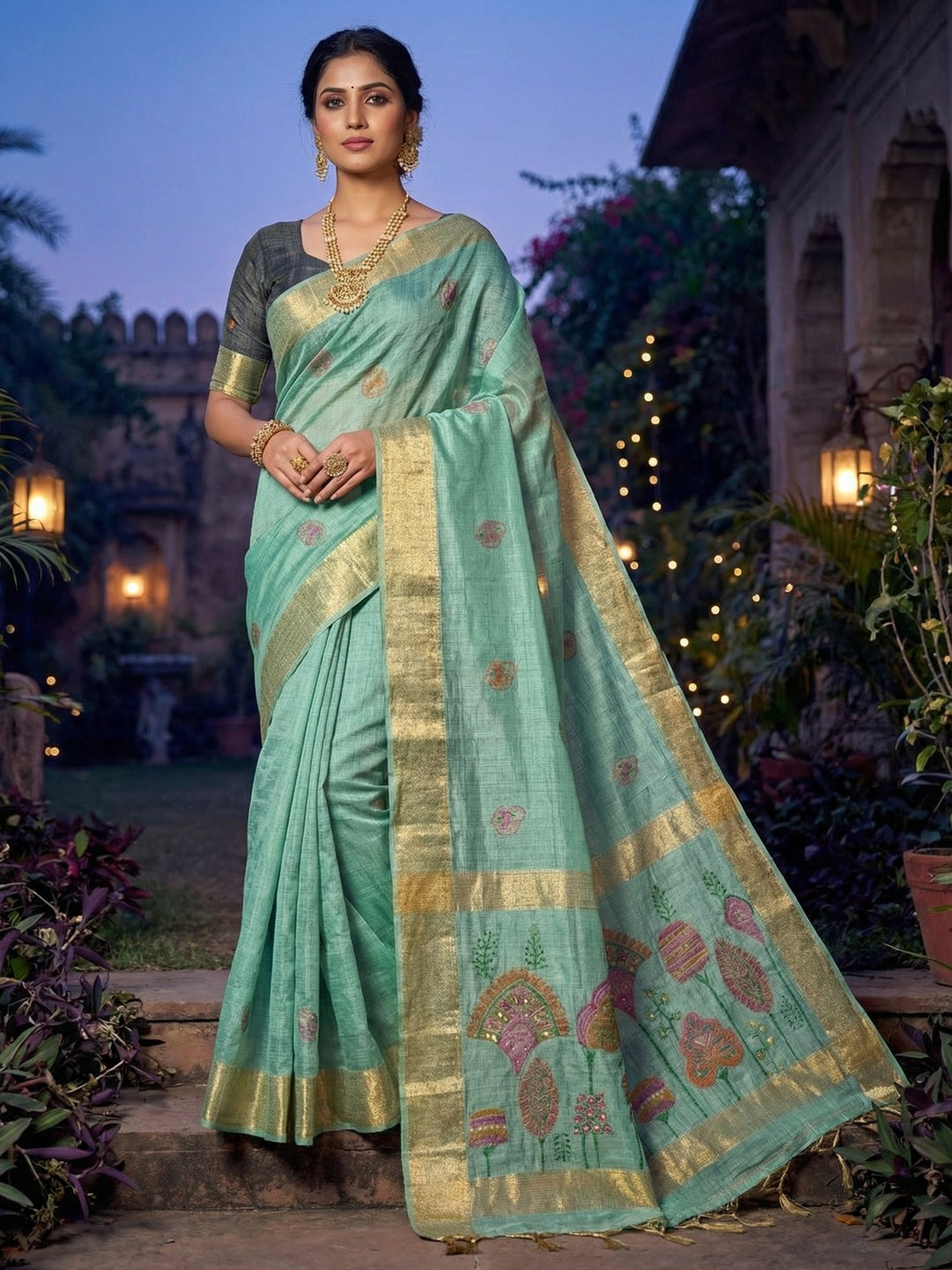Elegant Sea Green Chanderi Silk Jamdani Woven Saree with Golden Border - Image 1