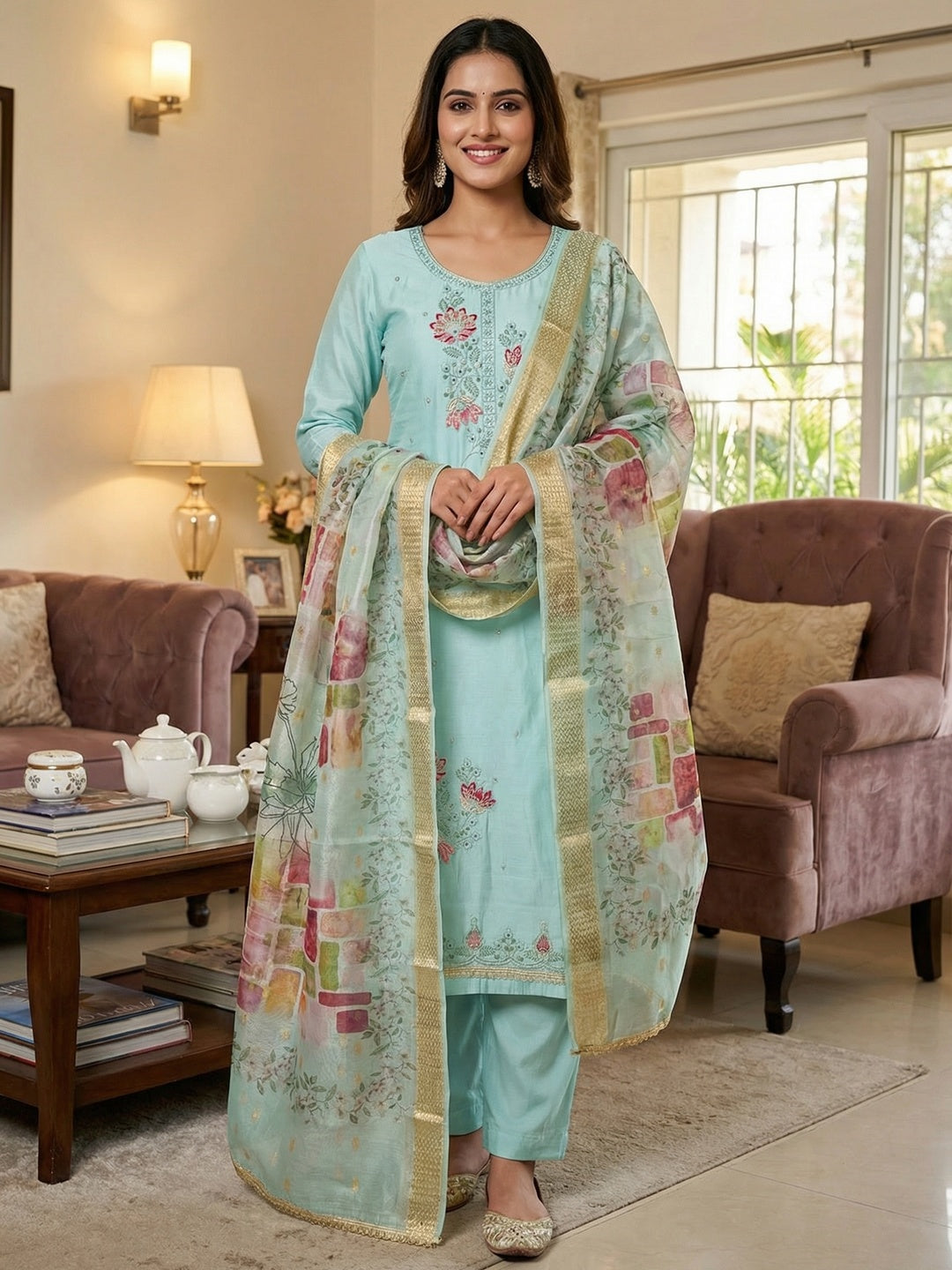 Classic Blue Floral Embroidered Cotton Silk Dress Material Featuring Elegant Handwork - Image 2