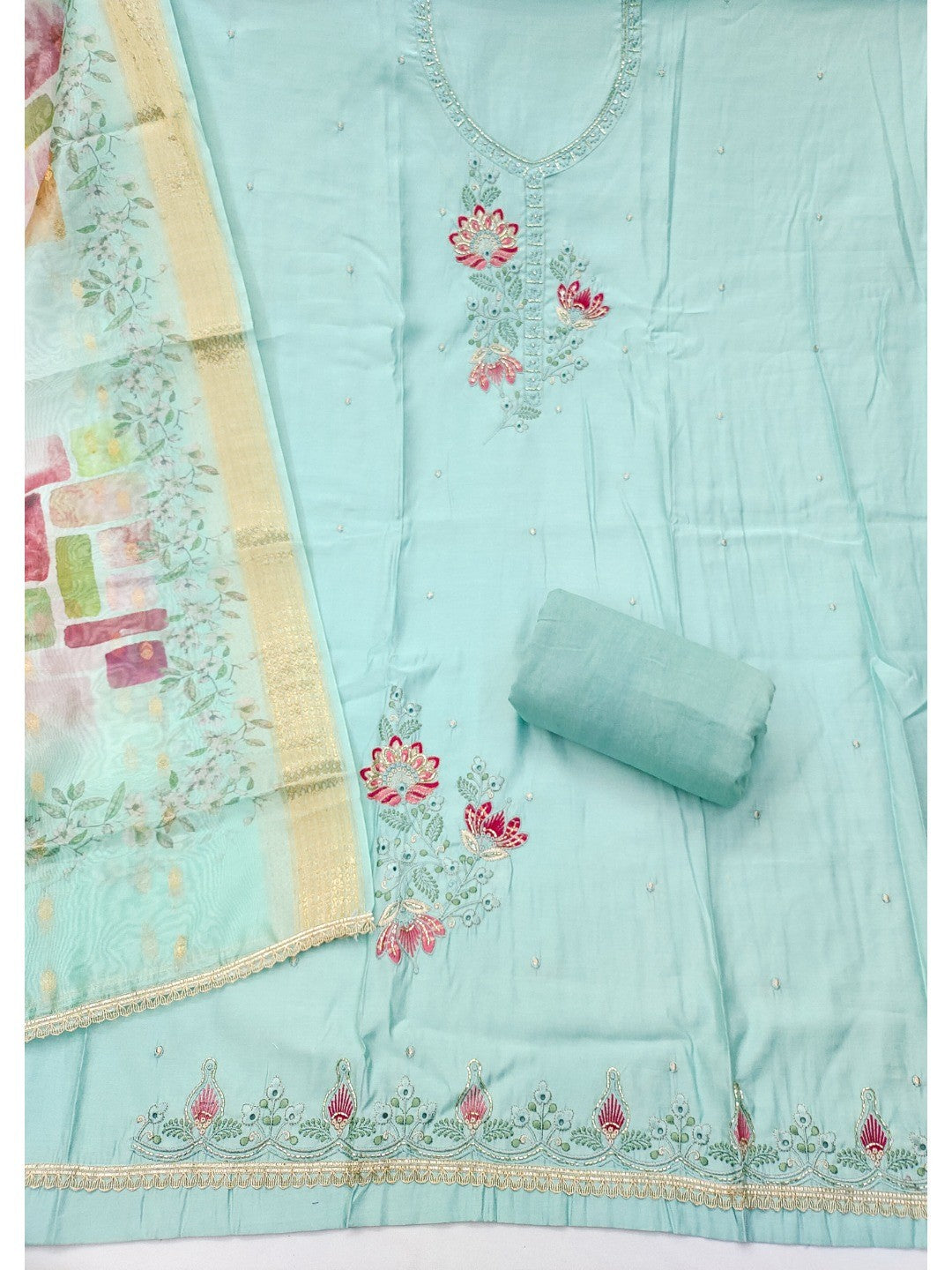 Classic Blue Floral Embroidered Cotton Silk Dress Material Featuring Elegant Handwork - Image 4