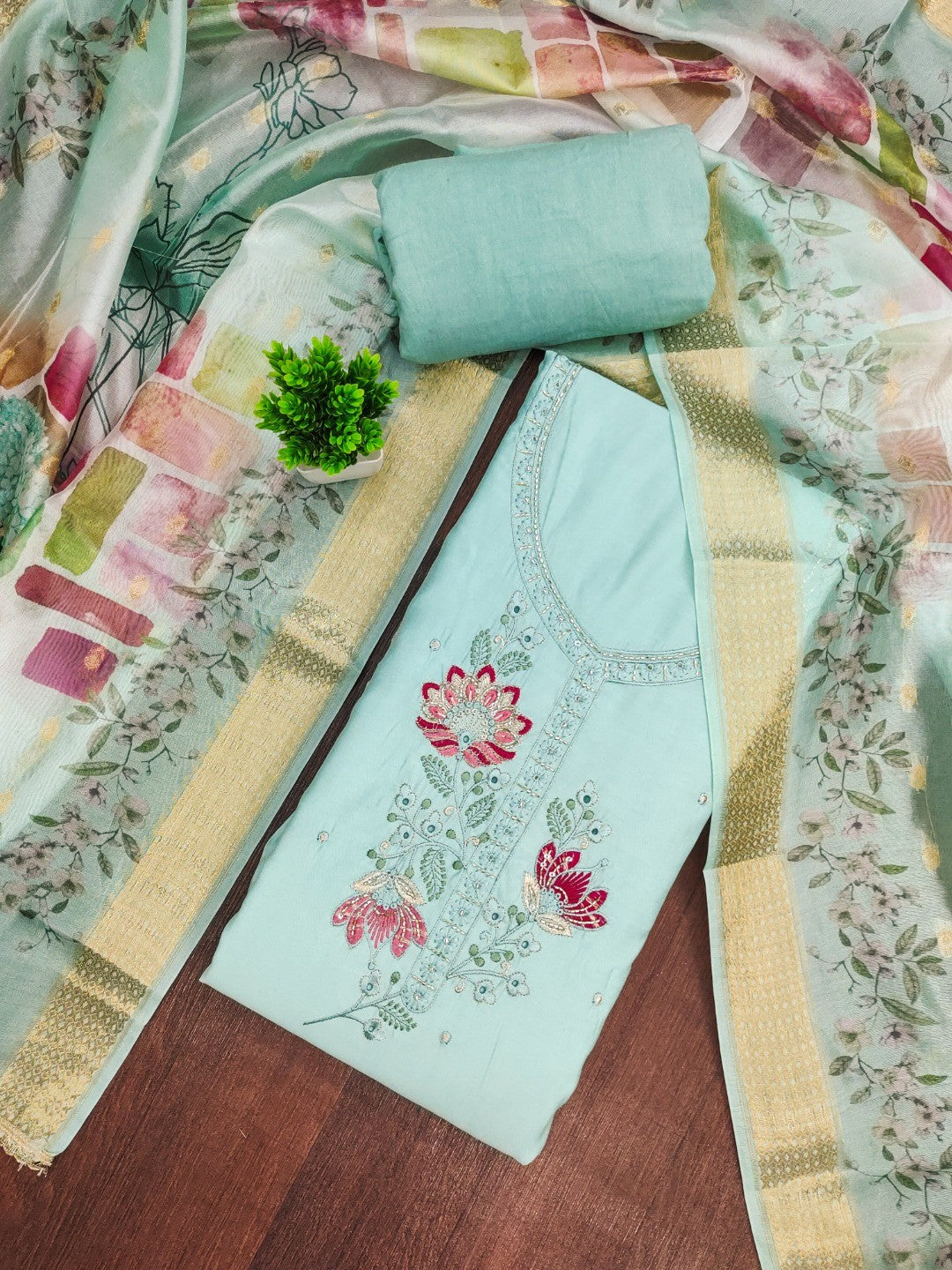 Classic Blue Floral Embroidered Cotton Silk Dress Material Featuring Elegant Handwork - Image 3