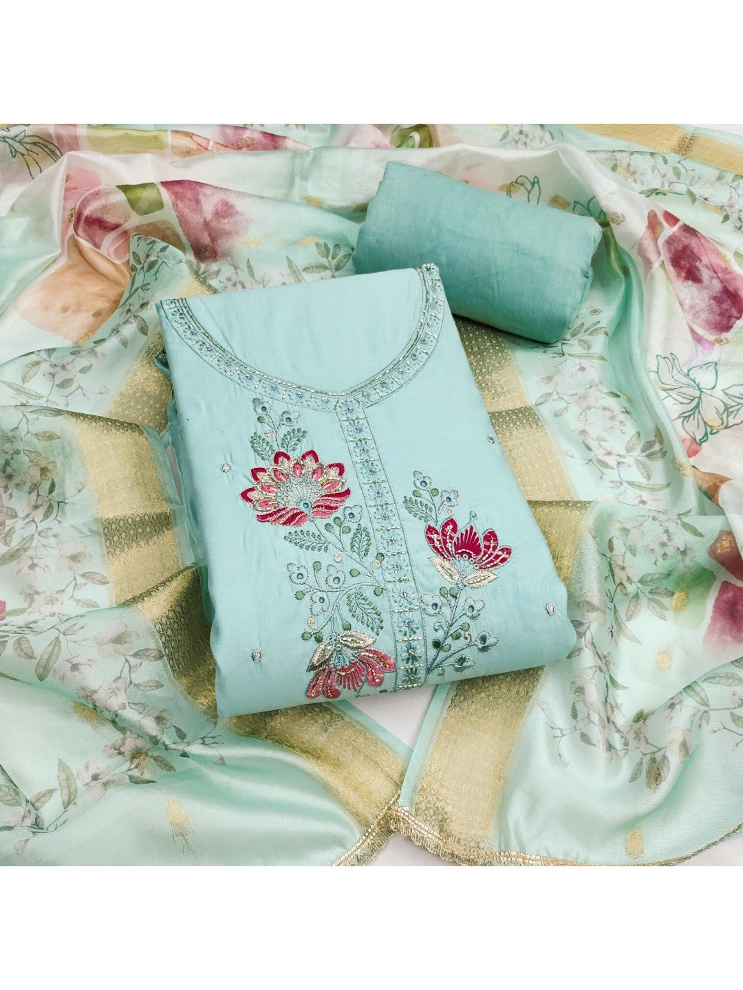 Classic Blue Floral Embroidered Cotton Silk Dress Material Featuring Elegant Handwork - Image 1