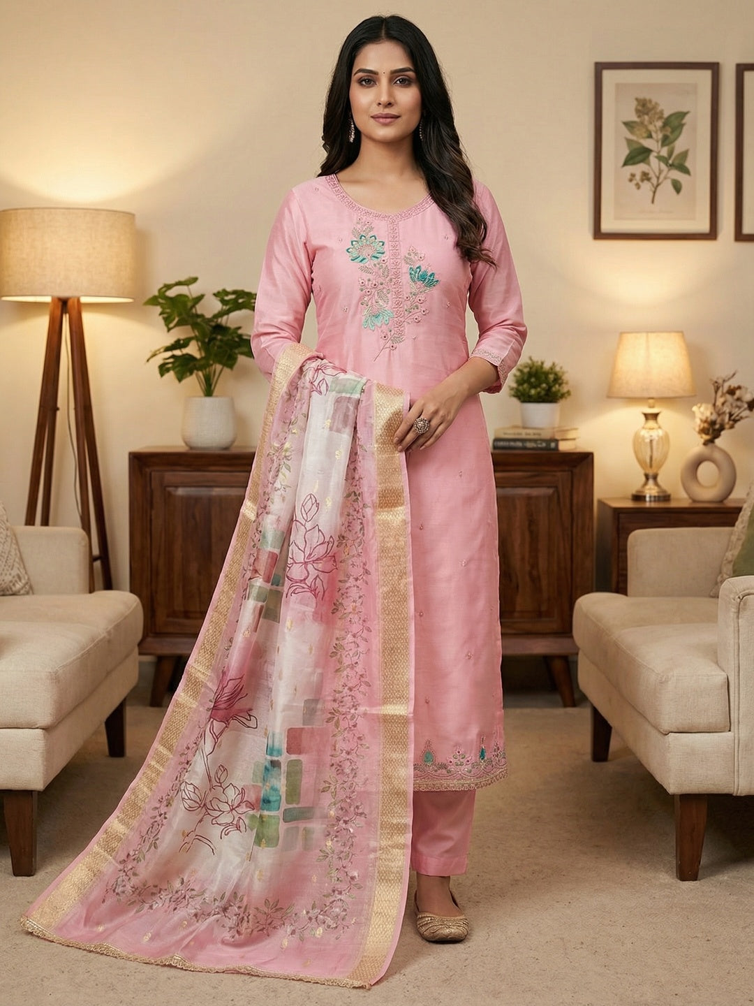 Classic Pink Floral Embroidered Cotton Silk Dress Material Featuring Elegant Handwork - Image 1