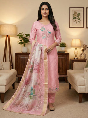 Classic Pink Floral Embroidered Cotton Silk Dress Material Featuring Elegant Handwork - Image 2