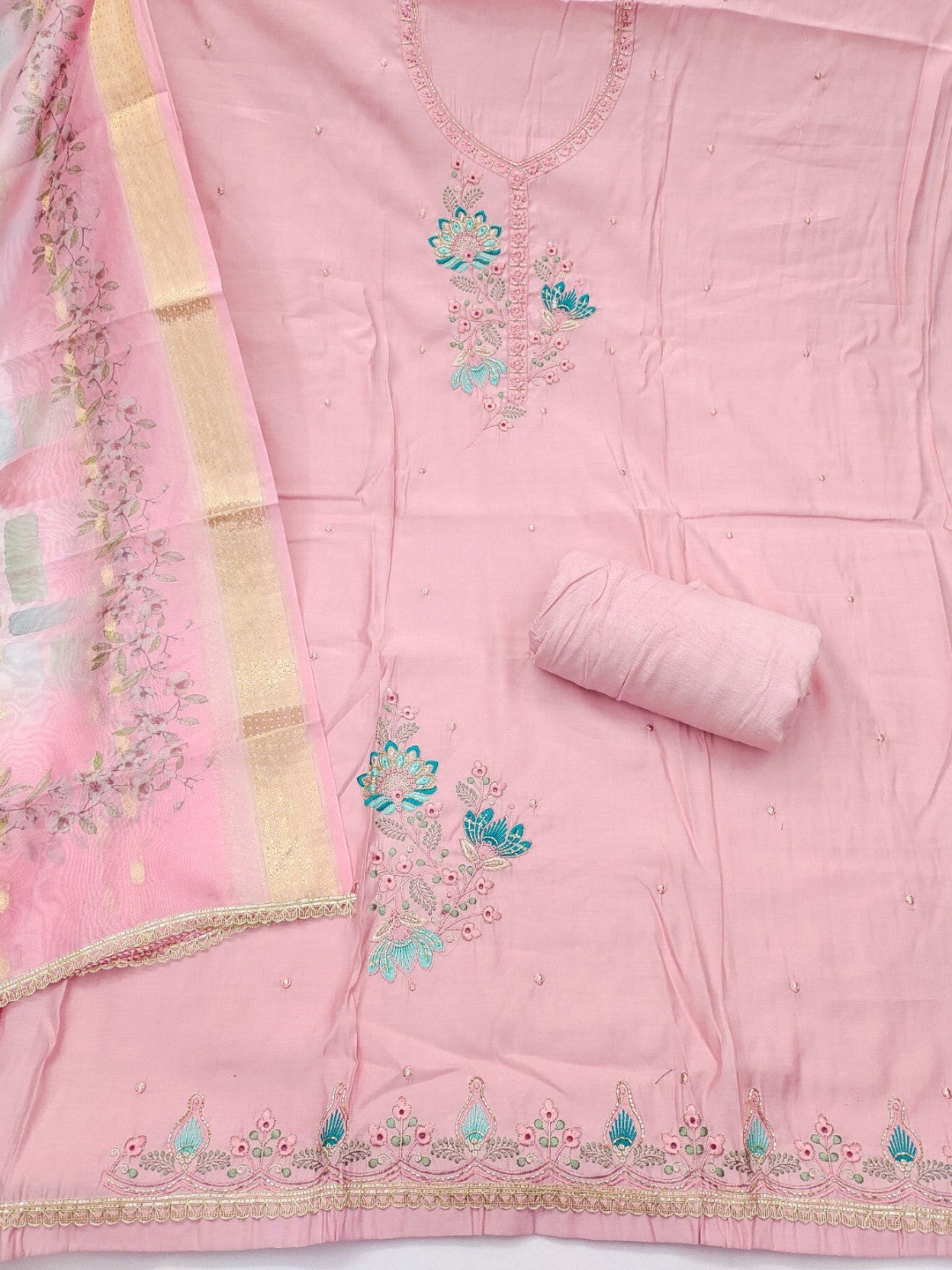 Classic Pink Floral Embroidered Cotton Silk Dress Material Featuring Elegant Handwork - Image 2