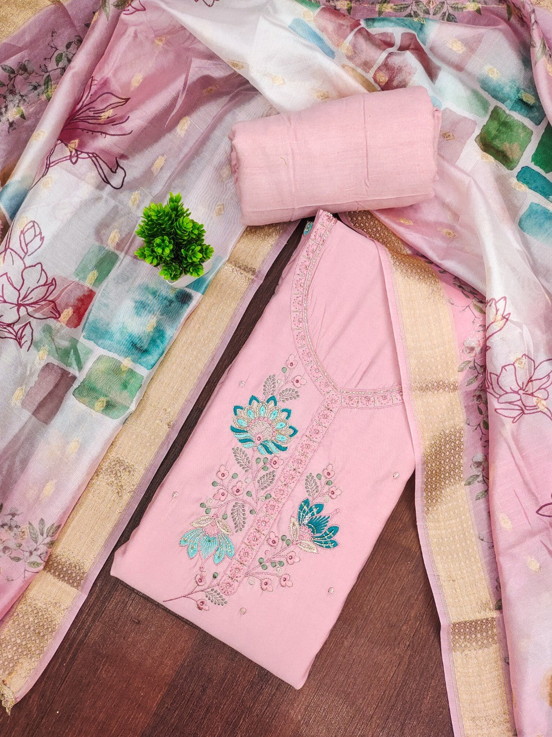 Classic Pink Floral Embroidered Cotton Silk Dress Material Featuring Elegant Handwork - Image 3