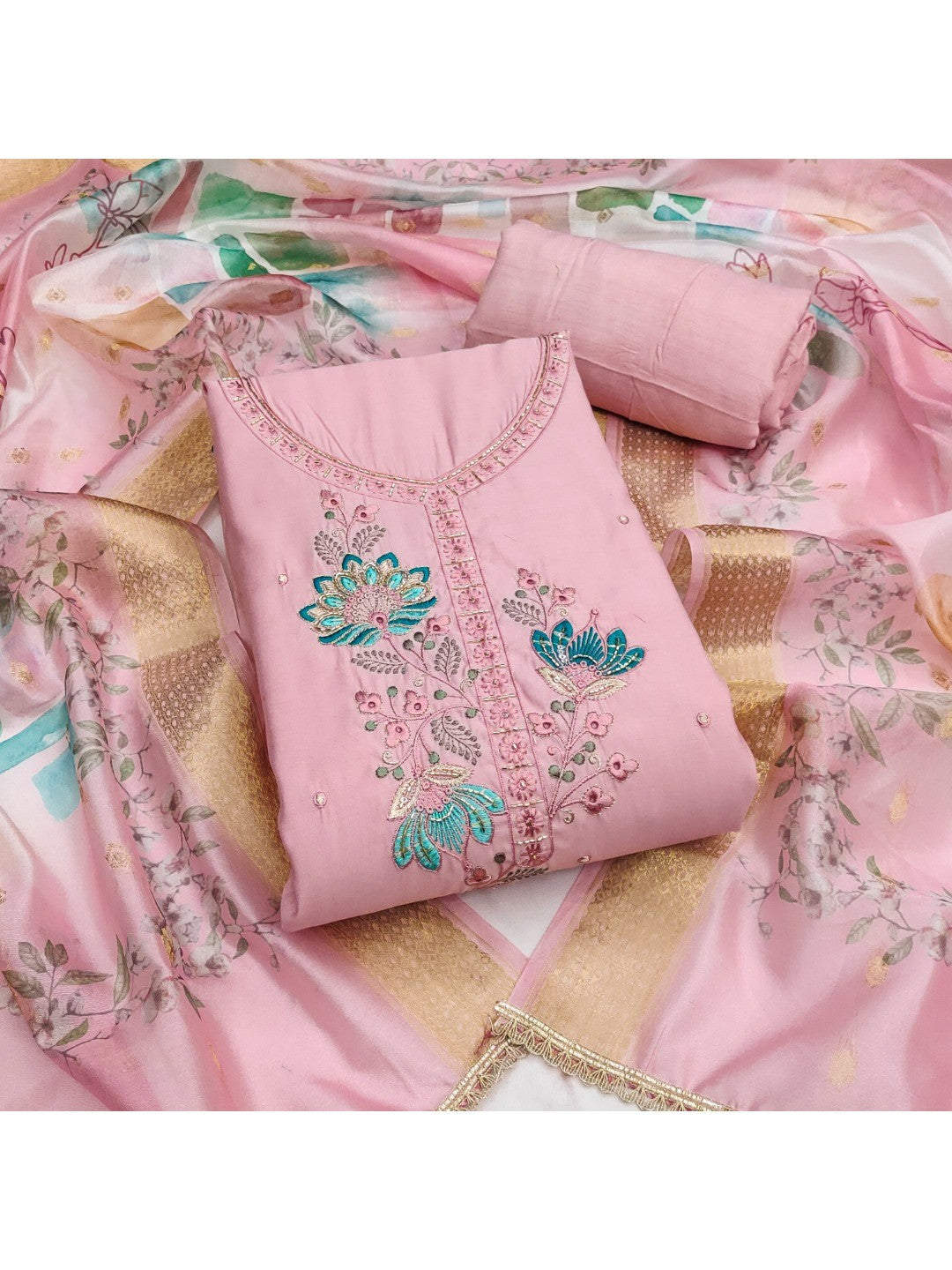 Classic Pink Floral Embroidered Cotton Silk Dress Material Featuring Elegant Handwork - Image 1